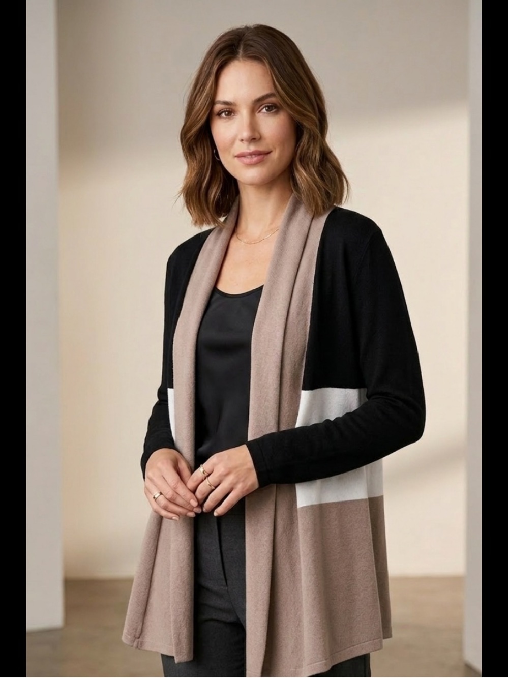 NWOT NEW Emerald Colorblock Open Front Cardigan - Black, Taupe & White